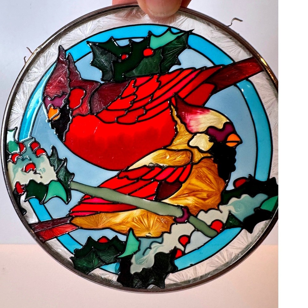 VTG Joan Baker Designs Cardinal Stained Glass Suncatcher Hand Painted Holiday